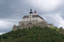 Burg Forchtenstein auf einem bewaldeten Hügel unter grauem Himmel